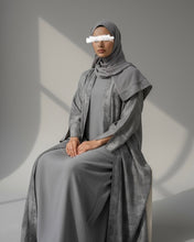 Load image into Gallery viewer, Eid Three-Piece Indian Linen Set: Patterned Abaya in Cloche-Cut, Inner Dress & Hijab (Ash Grey)