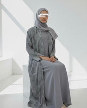Load image into Gallery viewer, Eid Three-Piece Indian Linen Set: Patterned Abaya in Cloche-Cut, Inner Dress & Hijab (Ash Grey)