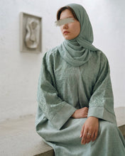 Load image into Gallery viewer, Three-Piece Calligraphy Set: Indian Linen Abaya, Inner Dress & Hijab (Mint)