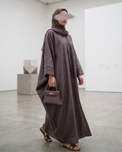 Load image into Gallery viewer, Three-Piece Calligraphy Set: Indian Linen Blend Abaya, Inner Dress & Hijab (Mauve)