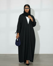 Load image into Gallery viewer, Ramadan Three-Piece Italian Linen Blend Set: Bow-Tied Sleeve Abaya, Inner Dress & Hijab (Black)