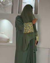 Load image into Gallery viewer, Italian Linen Blend Abaya with Arabic Calligraphy Embroidered Sleeves (Olive Green)