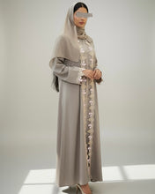 Load image into Gallery viewer, Three-Piece Set: Embroidered Lace Abaya, Inner Dress & Hijab (Taupe Sand)