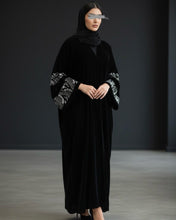Load image into Gallery viewer, Eid Three-Piece Velvet Set: Embroidered Wide Sleeves Abaya, Inner Dress and Hijab (Black)