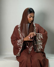 Load image into Gallery viewer, Pure Linen Butterfly Open Abaya with Two-Tone Floral Embroidery (No inner dress)