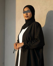 Load image into Gallery viewer, Ramadan Three-Piece Italian Linen Blend Set: Bow-Tied Sleeve Abaya, Inner Dress & Hijab (Black)