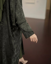 Load image into Gallery viewer, Eid Three-Piece Silk Jacquard Set: Cherry Tree Patterned Abaya, Inner Dress & Hijab (Olive)