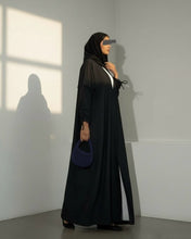 Load image into Gallery viewer, Ramadan Three-Piece Italian Linen Blend Set: Bow-Tied Sleeve Abaya, Inner Dress & Hijab (Black)