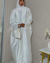 Load image into Gallery viewer, Three-Piece Nikkah Abaya Set: Satin Butterfly Abaya, Inner Dress and Hijab (Off-White)