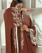 Load image into Gallery viewer, Pure Linen Butterfly Open Abaya with Two-Tone Floral Embroidery (No inner dress)