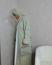 Load image into Gallery viewer, Three-Piece Set: Linen Blend Open Abaya with Stunning Handmade Embroidery & Inner Dress (Sage Green)