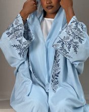 Load image into Gallery viewer, Pure Linen Butterfly Open Abaya with Two-Tone Floral Embroidery (No inner dress)