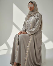 Load image into Gallery viewer, Three-Piece Set: Embroidered Lace Abaya, Inner Dress & Hijab (Taupe Sand)