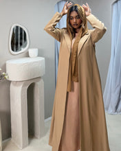 Load image into Gallery viewer, Three-Piece Blazer Set: Collared Abaya, Inner Dress & Hijab (Camel)