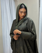 Load image into Gallery viewer, Three-Piece Patterned Abaya Set: Abaya with Tulip Sleeves, Inner Dress & Hijab (Dark Khaki)