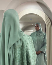 Load image into Gallery viewer, Three-Piece Calligraphy Set: Indian Linen Abaya, Inner Dress & Hijab (Mint)
