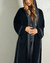 Load image into Gallery viewer, Three-Piece Velvet Set: Lace Abaya, Inner Dress & Hijab (Noir)