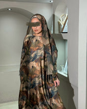 Load image into Gallery viewer, Soft Satin Flowery Patterned Abaya in Cloche Cut (Khaki)