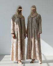 Load image into Gallery viewer, Three-Piece Set: Laser Cut Floral Creponé Abaya, Inner Dress and Hijab (Almond Beige)