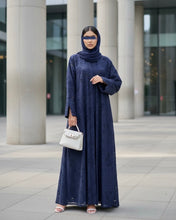 Load image into Gallery viewer, Three-Piece Textured Abaya Set: Laser Cut Abaya, Inner Dress & Hijab (Navy)