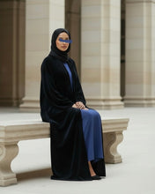 Load image into Gallery viewer, Three-Piece Velvet Set: Floral Abaya, Royal Blue Inner Dress & Hijab