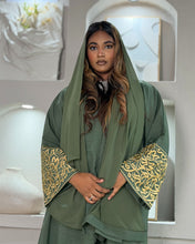 Load image into Gallery viewer, Italian Linen Blend Abaya with Arabic Calligraphy Embroidered Sleeves (Olive Green)