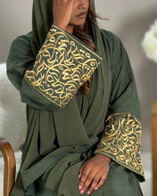 Load image into Gallery viewer, Italian Linen Blend Abaya with Arabic Calligraphy Embroidered Sleeves (Olive Green)