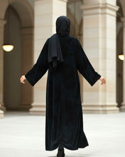 Load image into Gallery viewer, Three-Piece Velvet Set: Floral Abaya, Royal Blue Inner Dress & Hijab