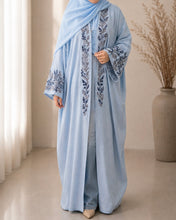 Load image into Gallery viewer, Sky Blue Pure Linen Butterfly Open Abaya with Two-Tone Floral Embroidery (No inner dress)