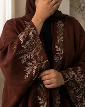 Load image into Gallery viewer, Brown Pure Linen Butterfly Open Abaya with Embroidered Detail | Matching Hijab Included (No Inner Dress)