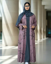 Load image into Gallery viewer, Ramadan Three-Piece Cloche Abaya Set: Two-Tone Abaya, Inner Dress & Hijab (Dusty Mauve / Denim)