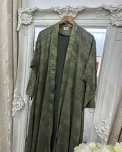 Load image into Gallery viewer, Three-Piece Indian Linen Set: Patterned Abaya in Cloche-Cut, Inner Dress & Hijab (Olive Serenity)