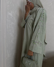 Load image into Gallery viewer, Three-Piece Set: Linen Blend Open Abaya with Stunning Handmade Embroidery & Inner Dress (Sage Green)