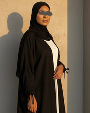 Load image into Gallery viewer, Ramadan Three-Piece Italian Linen Blend Set: Bow-Tied Sleeve Abaya, Inner Dress & Hijab (Black)