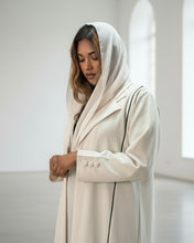 Load image into Gallery viewer, Three-Piece Blazer Set: Collared Abaya, Inner Dress & Hijab (Cream)