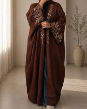 Load image into Gallery viewer, Brown Pure Linen Butterfly Open Abaya with Embroidered Detail | Matching Hijab Included (No Inner Dress)