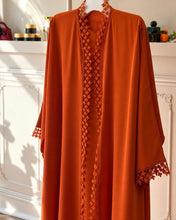 Load image into Gallery viewer, Three-Piece Lace Set: Open Abaya, Inner & Hijab (Burnt Orange)