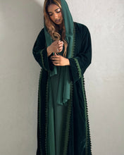 Load image into Gallery viewer, Three-Piece Velvet Set: Lace Abaya, Inner Dress & Hijab (Noir or Emerald)