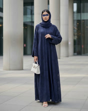 Load image into Gallery viewer, Three-Piece Textured Abaya Set: Laser Cut Abaya, Inner Dress & Hijab (Navy)