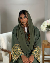 Load image into Gallery viewer, Italian Linen Blend Abaya with Arabic Calligraphy Embroidered Sleeves (Olive Green)