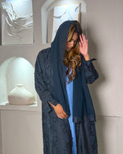 Load image into Gallery viewer, Three-Piece Textured Abaya Set: Satin Jacquard Abaya, Jeans Blue Inner Dress & Hijab (Navy)
