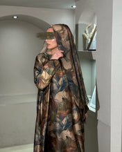 Load image into Gallery viewer, Soft Satin Flowery Patterned Abaya in Cloche Cut (Khaki)