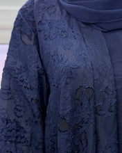 Load image into Gallery viewer, Three-Piece Textured Abaya Set: Laser Cut Abaya, Inner Dress & Hijab (Navy)