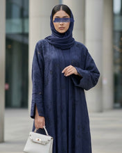 Load image into Gallery viewer, Three-Piece Textured Abaya Set: Laser Cut Abaya, Inner Dress & Hijab (Navy)