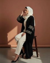 Load image into Gallery viewer, Eid Three-Piece Velvet Set: Embroidered Wide Sleeves Abaya, Inner Dress and Hijab (Black)