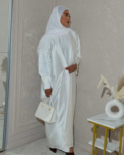 Load image into Gallery viewer, Three-Piece Nikkah Abaya Set: Satin Butterfly Abaya, Inner Dress and Hijab (Off-White)