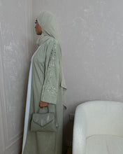 Load image into Gallery viewer, Three-Piece Set: Linen Blend Open Abaya with Stunning Handmade Embroidery & Inner Dress (Sage Green)