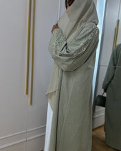 Load image into Gallery viewer, Three-Piece Set: Linen Blend Open Abaya with Stunning Handmade Embroidery & Inner Dress (Sage Green)