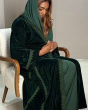 Load image into Gallery viewer, Three-Piece Velvet Set: Lace Abaya, Inner Dress & Hijab (Noir or Emerald)