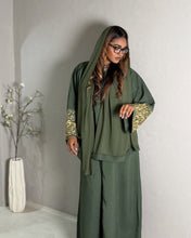 Load image into Gallery viewer, Italian Linen Blend Abaya with Arabic Calligraphy Embroidered Sleeves (Olive Green)